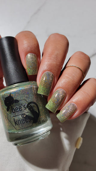 Image provided for Bee's Knees by a paid swatcher featuring the nail polish " What's a Little Blackmail Between Friends "