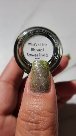 Image provided for Bee's Knees by a paid swatcher featuring the nail polish " What's a Little Blackmail Between Friends "