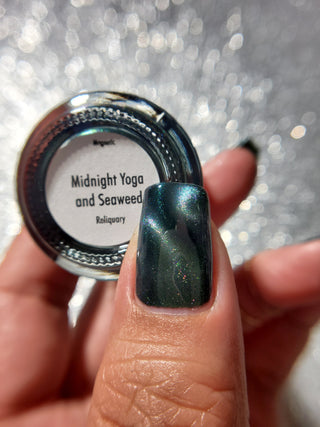 Image provided for Bee's Knees by a paid swatcher featuring the nail polish " Midnight Yoga and Seaweed "