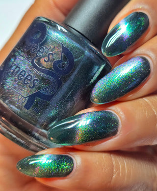 Image provided for Bee's Knees by a paid swatcher featuring the nail polish " Midnight Yoga and Seaweed "