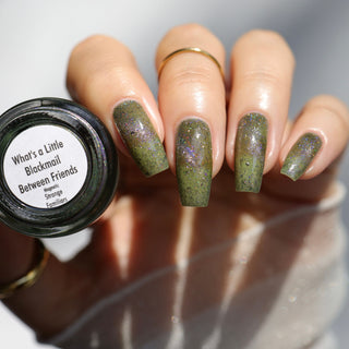Image provided for Bee's Knees by a paid swatcher featuring the nail polish " What's a Little Blackmail Between Friends "