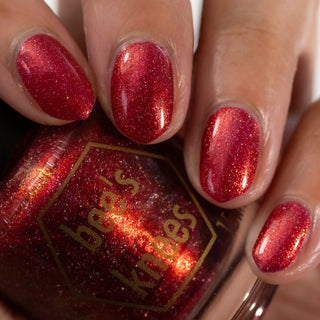 Image provided for Bee's Knees by a paid swatcher featuring the nail polish " Happy Hunting "