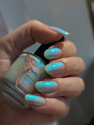 Image provided for Bee's Knees by a paid swatcher featuring the nail polish " Only Monsters Play God "