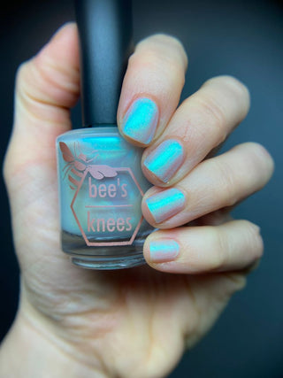 Image provided for Bee's Knees by a paid swatcher featuring the nail polish " Only Monsters Play God "