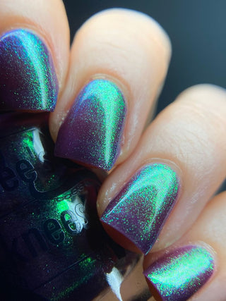 Image provided for Bee's Knees by a paid swatcher featuring the nail polish " Will Self-destruct For Likes "