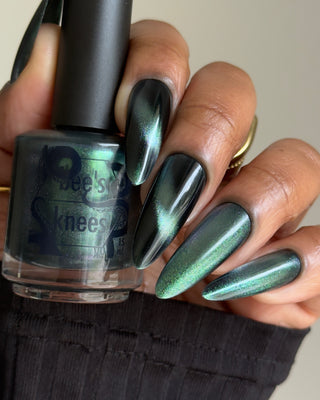 Image provided for Bee's Knees by a paid swatcher featuring the nail polish " Midnight Yoga and Seaweed "