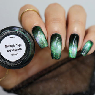 Image provided for Bee's Knees by a paid swatcher featuring the nail polish " Midnight Yoga and Seaweed "