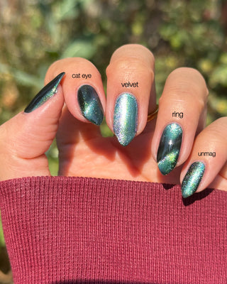Image provided for Bee's Knees by a paid swatcher featuring the nail polish " Midnight Yoga and Seaweed "