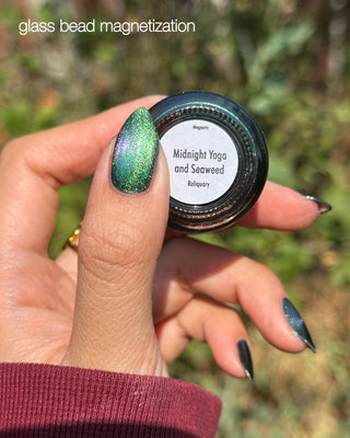 Image provided for Bee's Knees by a paid swatcher featuring the nail polish " Midnight Yoga and Seaweed "