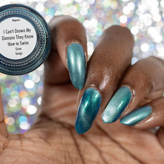 Image provided for Bee's Knees by a paid swatcher featuring the nail polish " I Can't Drown my Demons they Know How to Swim "