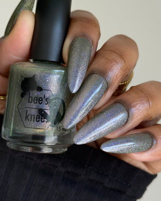 Image provided for Bee's Knees by a paid swatcher featuring the nail polish " What's a Little Blackmail Between Friends "